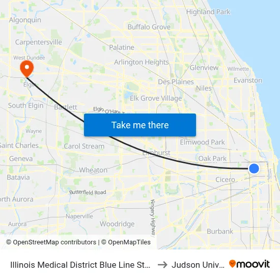 Illinois Medical District Blue Line Station (North) to Judson University map