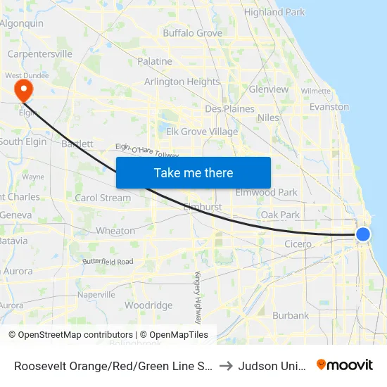 Roosevelt Orange/Red/Green Line Station (West) to Judson University map