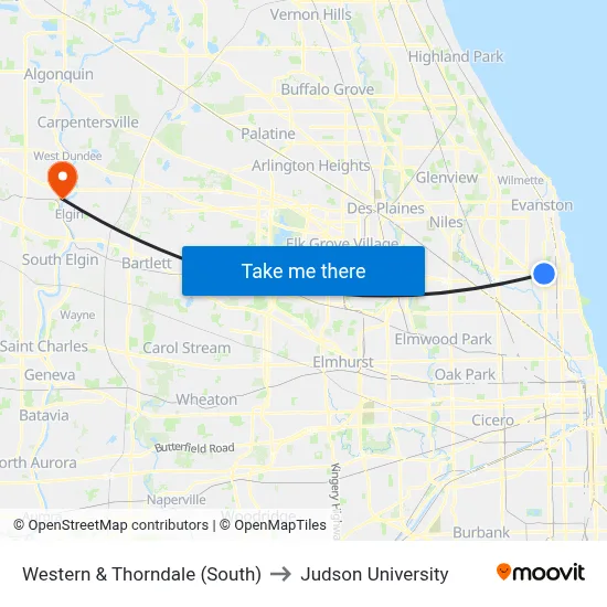 Western & Thorndale (South) to Judson University map