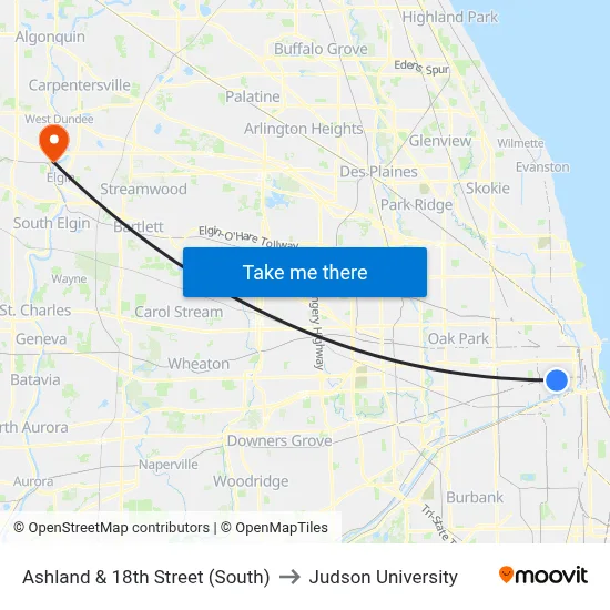 Ashland & 18th Street (South) to Judson University map