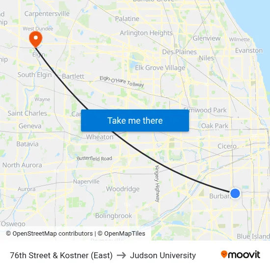 76th Street & Kostner (East) to Judson University map