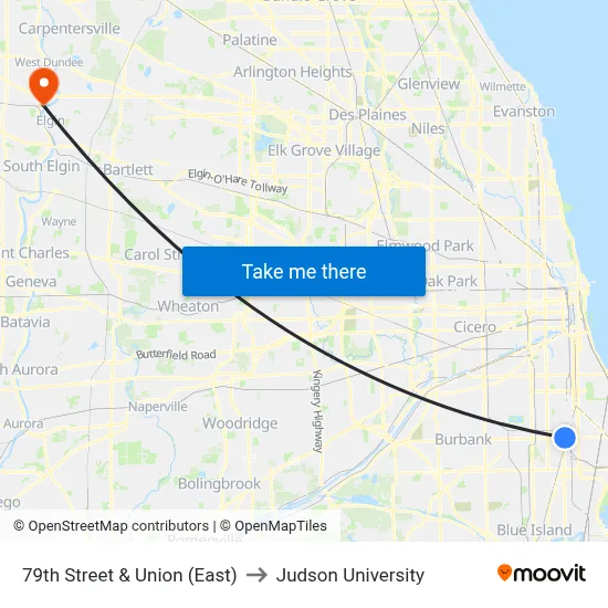 79th Street & Union (East) to Judson University map