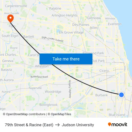 79th Street & Racine (East) to Judson University map
