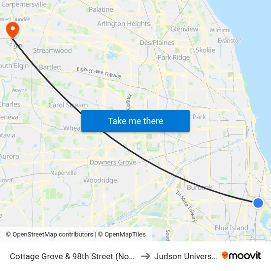 Cottage Grove & 98th Street (North) to Judson University map