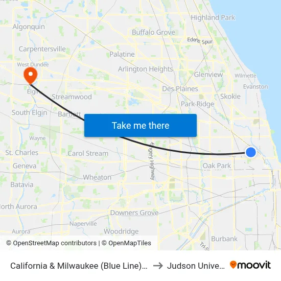California & Milwaukee (Blue Line) (South) to Judson University map