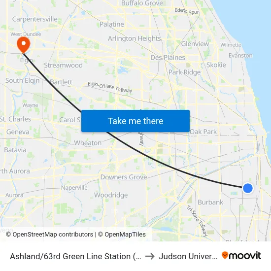 Ashland/63rd Green Line Station (West) to Judson University map
