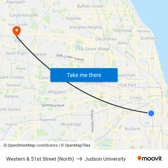 Western & 51st Street (North) to Judson University map