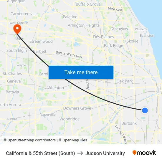 California & 55th Street (South) to Judson University map