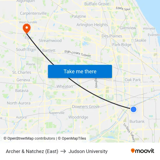 Archer & Natchez (East) to Judson University map