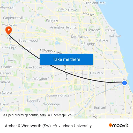 Archer & Wentworth (Sw) to Judson University map