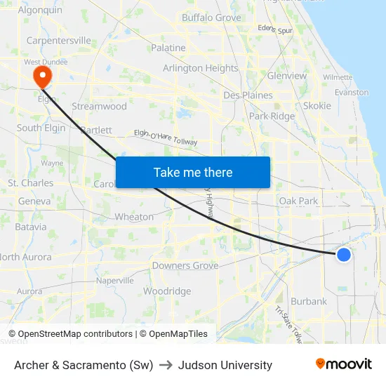 Archer & Sacramento (Sw) to Judson University map