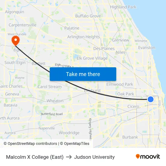 Malcolm X College (East) to Judson University map