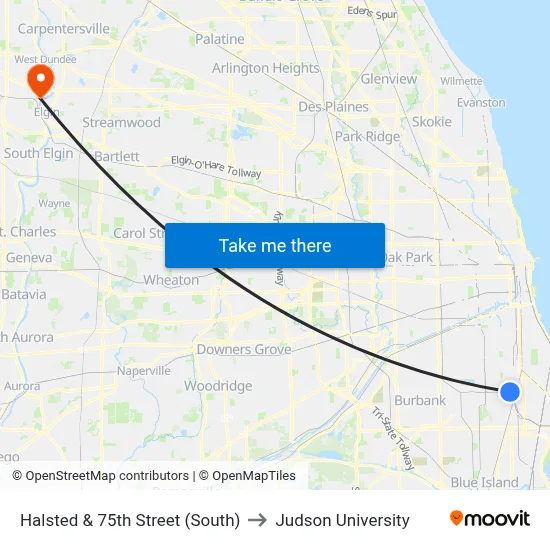 Halsted & 75th Street (South) to Judson University map
