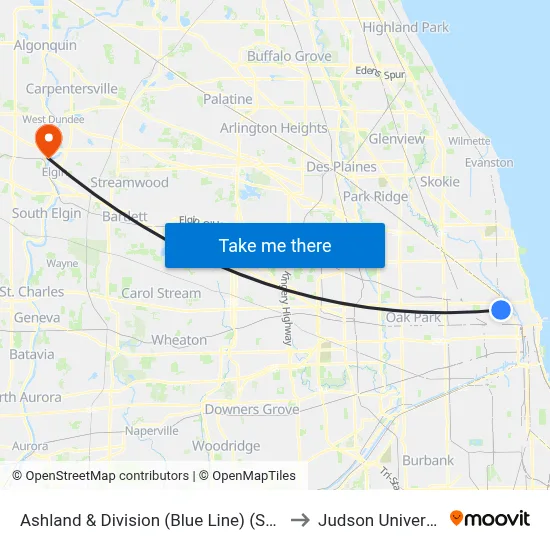 Ashland & Division (Blue Line) (South) to Judson University map