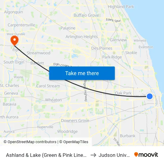 Ashland & Lake (Green & Pink Lines) (South) to Judson University map