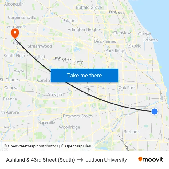 Ashland & 43rd Street (South) to Judson University map