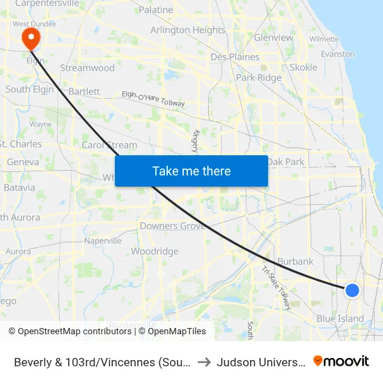 Beverly & 103rd/Vincennes (South) to Judson University map