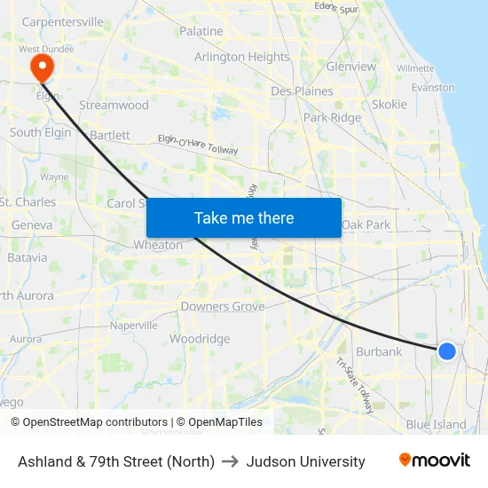 Ashland & 79th Street (North) to Judson University map