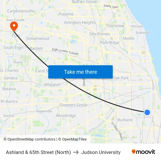Ashland & 65th Street (North) to Judson University map