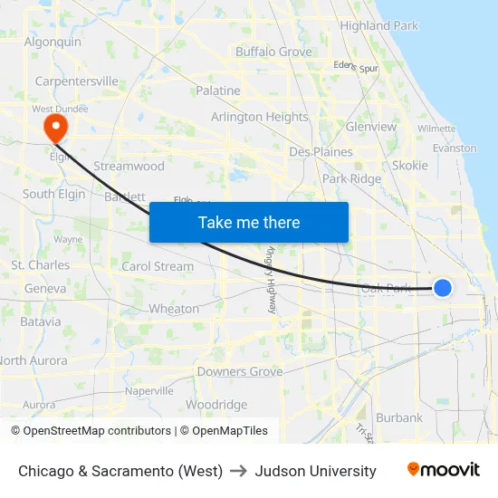 Chicago & Sacramento (West) to Judson University map