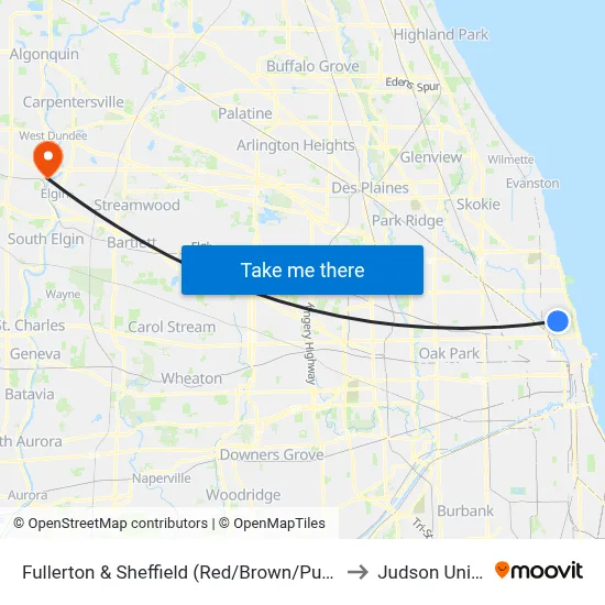 Fullerton & Sheffield (Red/Brown/Purple Line) (East) to Judson University map