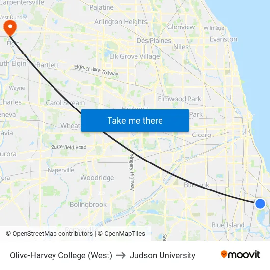 Olive-Harvey College (West) to Judson University map