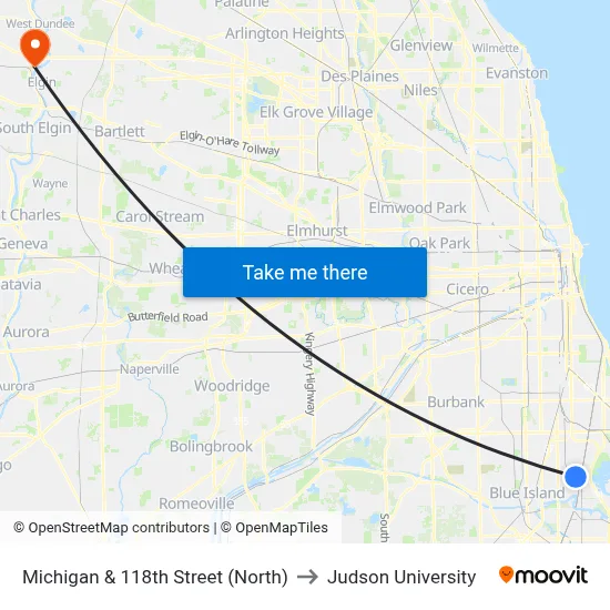 Michigan & 118th Street (North) to Judson University map