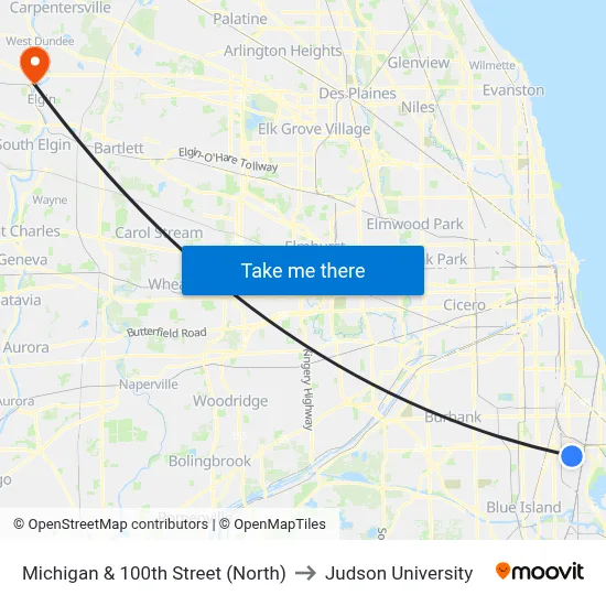 Michigan & 100th Street (North) to Judson University map