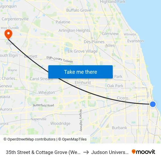 35th Street & Cottage Grove (West) to Judson University map