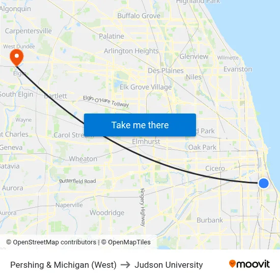 Pershing & Michigan (West) to Judson University map