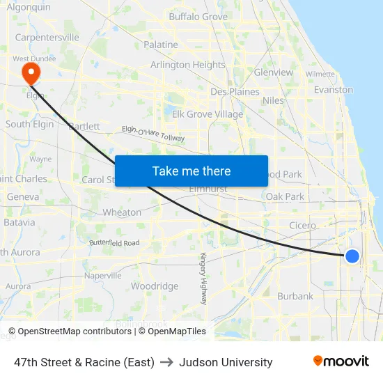 47th Street & Racine (East) to Judson University map