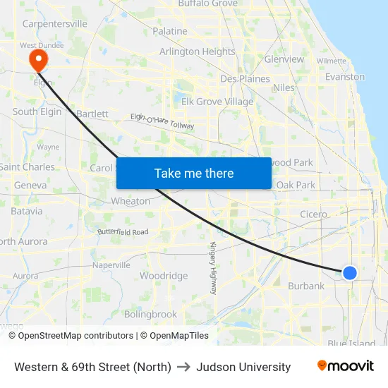 Western & 69th Street (North) to Judson University map
