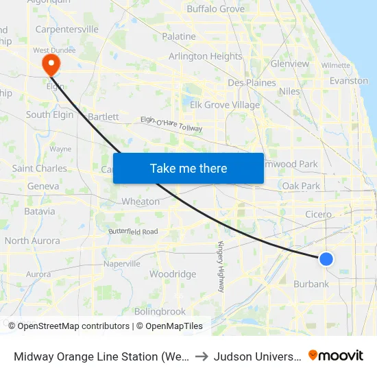 Midway Orange Line Station (West) to Judson University map