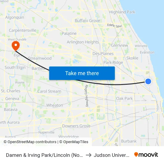 Damen & Irving Park/Lincoln (North) to Judson University map