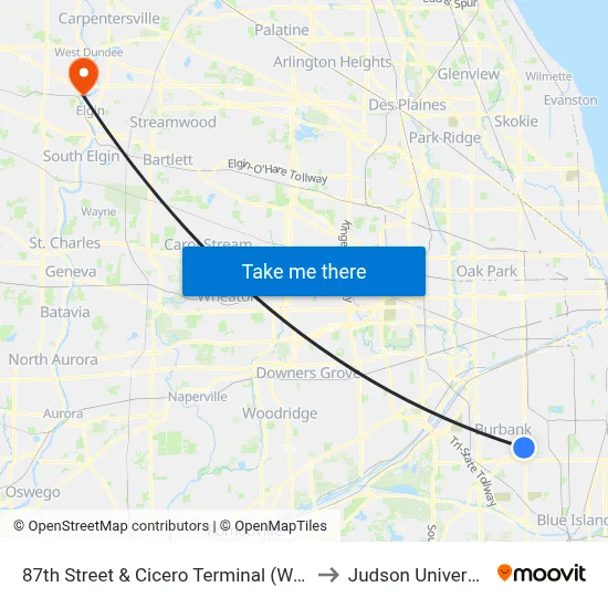 87th Street & Cicero Terminal (West) to Judson University map