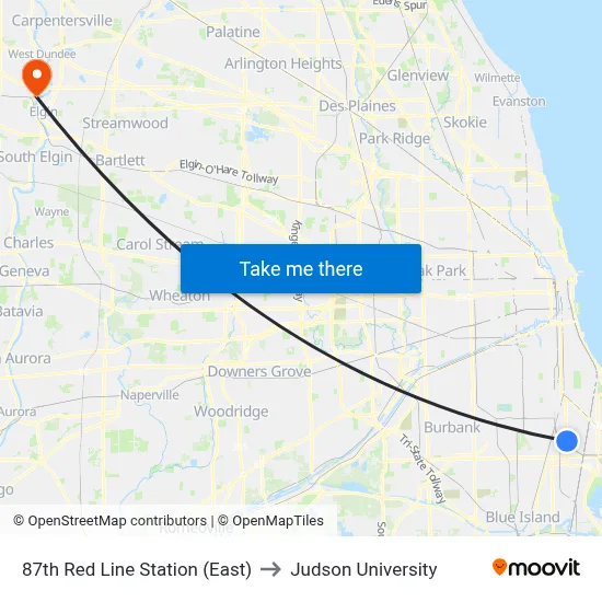 87th Red Line Station (East) to Judson University map