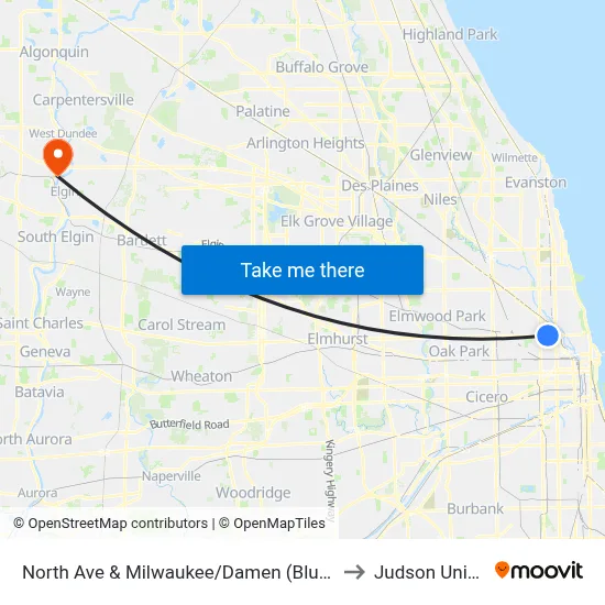 North Ave & Milwaukee/Damen (Blue Line) (West) to Judson University map