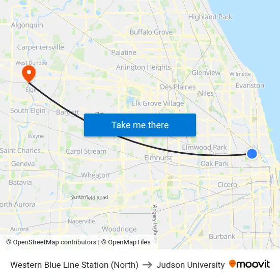 Western Blue Line Station (North) to Judson University map