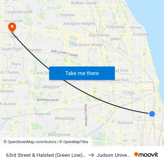 63rd Street & Halsted (Green Line) (East) to Judson University map