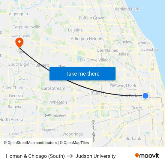 Homan & Chicago (South) to Judson University map
