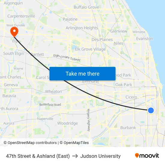 47th Street & Ashland (East) to Judson University map