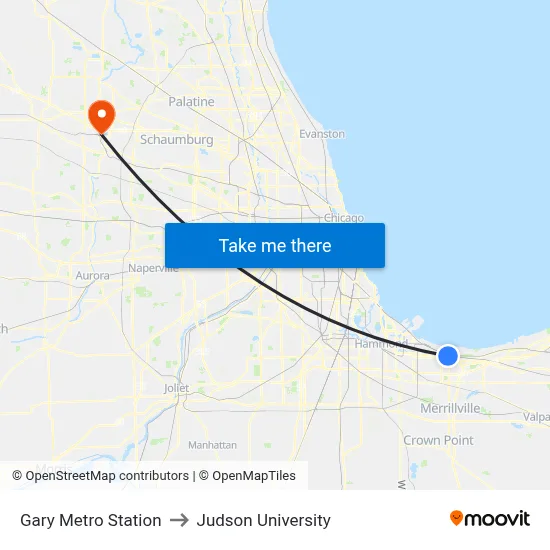 Gary Metro Station to Judson University map