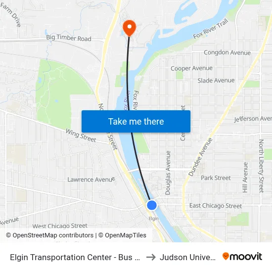 Elgin Transportation Center - Bus Stop A to Judson University map