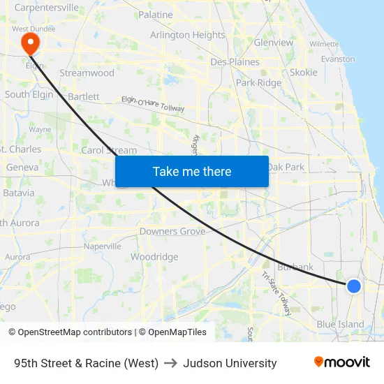 95th Street & Racine (West) to Judson University map