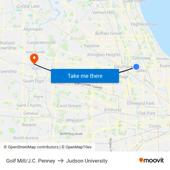 Golf Mill/J.C. Penney to Judson University map