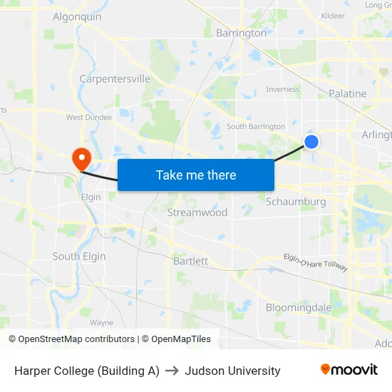 Harper College (Building A) to Judson University map