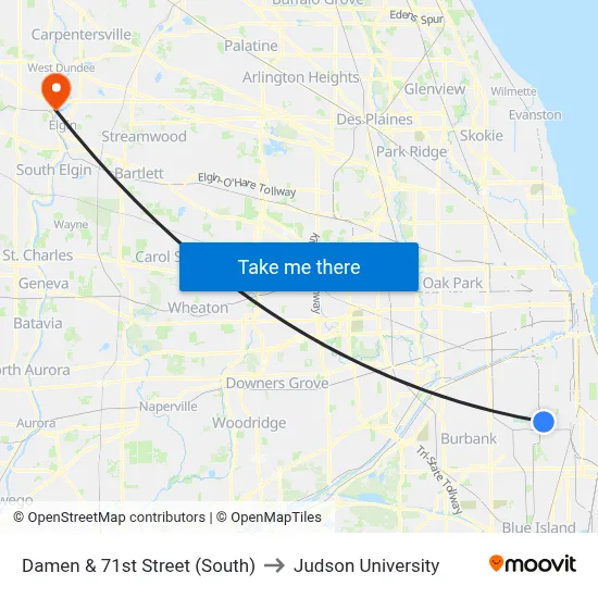 Damen & 71st Street (South) to Judson University map