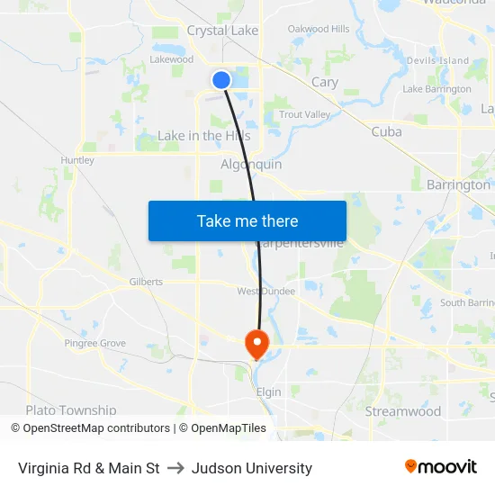 Virginia Rd & Main St to Judson University map