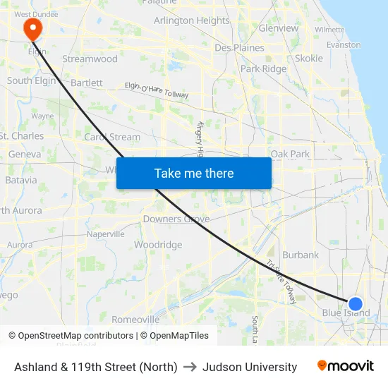 Ashland & 119th Street (North) to Judson University map