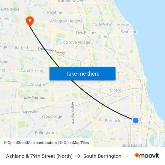 Ashland & 79th Street (North) to South Barrington map